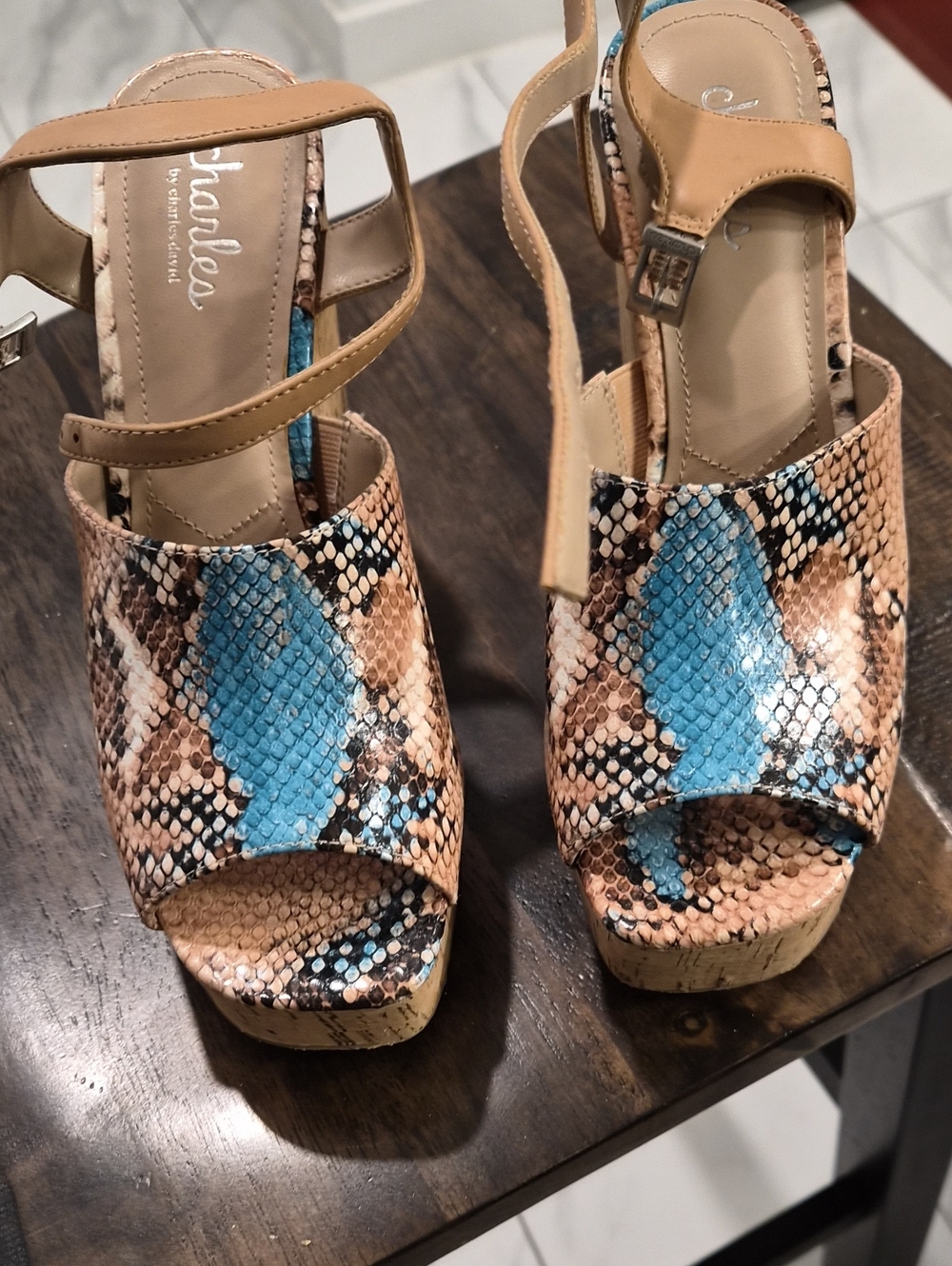 Charles by Charles David Tan and Blue Snake-Print Platform Sandals